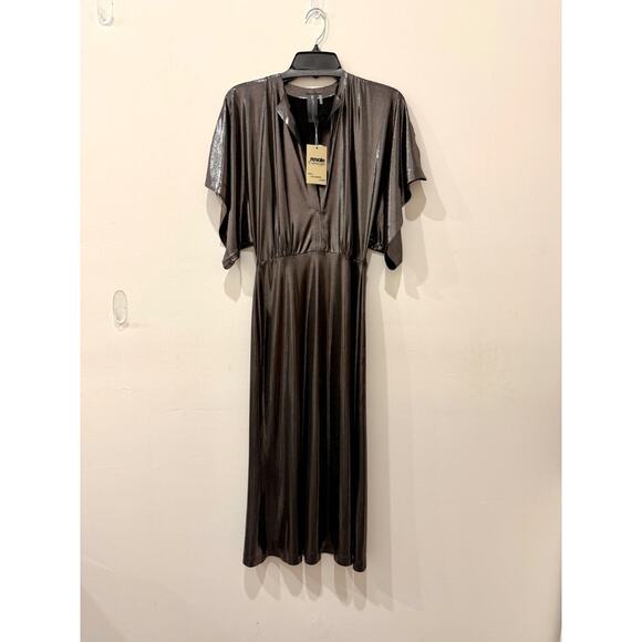 Norma Kamali Obie Split-Neck Lamé Midcalf Dress Metallic Bronze Womens Sze Small - Picture 2 of 5